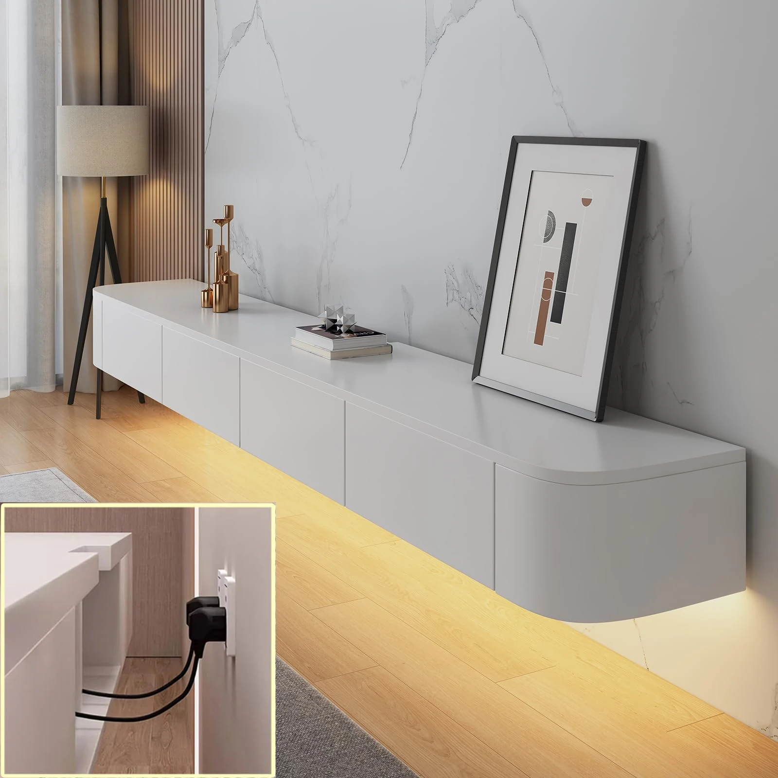 XDXINY TV Media Console Floating TV Cabinet Wall Mounted TV Cabinet Multi Large Storage TV Bench Under TV Lowboard with drawers Router Bracket (White+LED, 240 * 20 * 24CM)