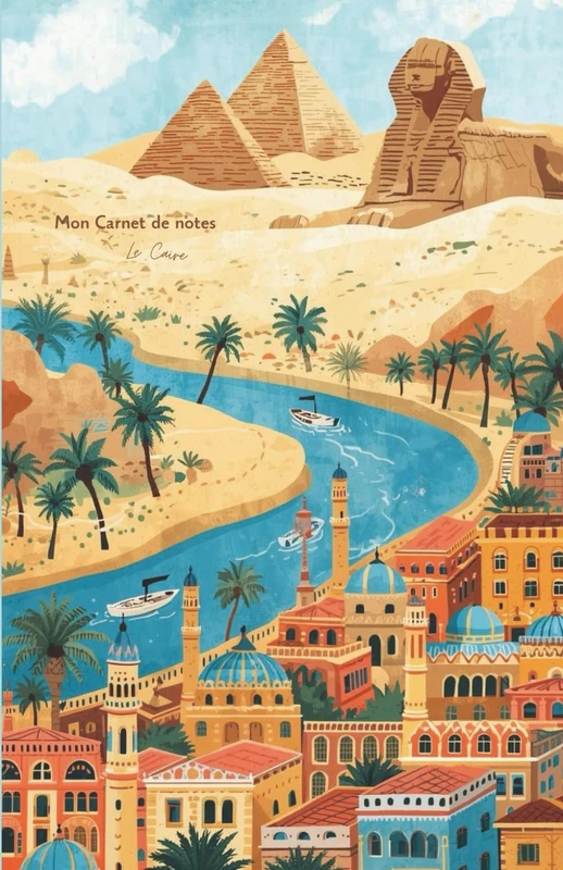 Mon carnet de notes Le Caire: 100 pages lignées A5 - Illustration orientale désert de sable - Le Caire - Les pyramides et le Sphinx de Gizeh - pour notes personnelles
