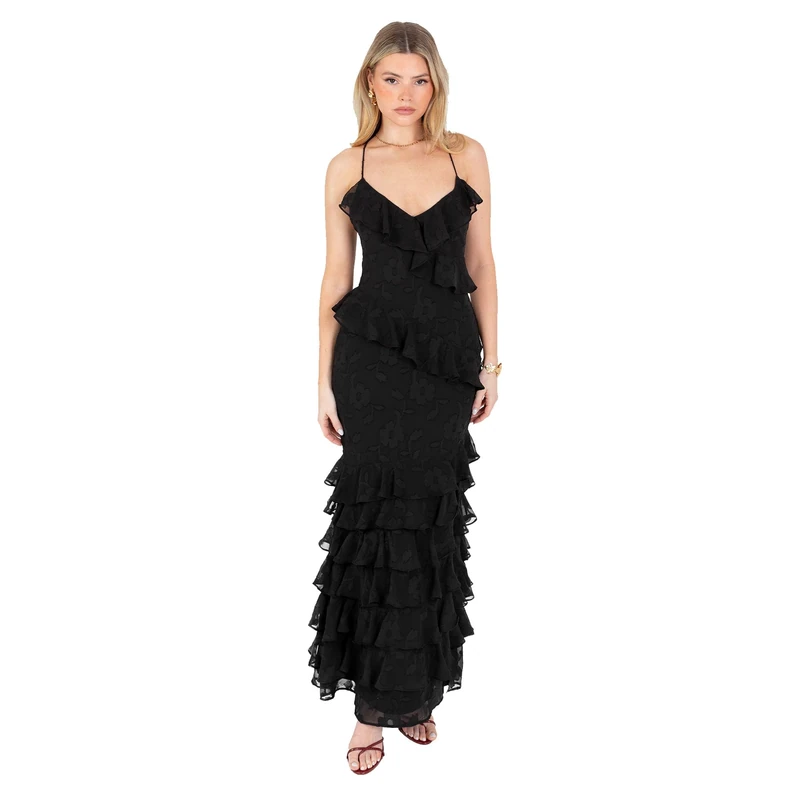 Anaya with Love Women's Maxi Dress Ladies Recycled Sleeveless Strappy Cami Tie Back V-Neck Floral Burnout Tiered Ruffle Evening Gown, Black 12 - Image 1