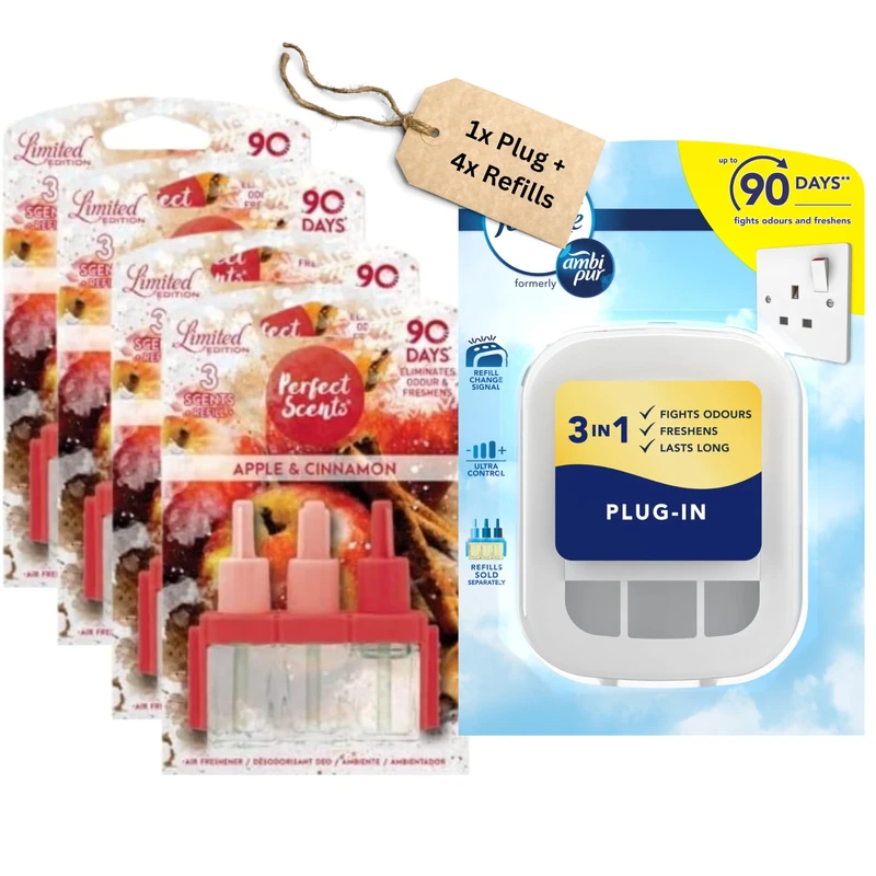 Perfect Scents plug in air freshener 4x Refills - 3volution Compatible Refill Air Freshener Apple & Cinnamon (1Pack = 3X20ml) air freshener refill 3volution plug in refill compatible with febreze