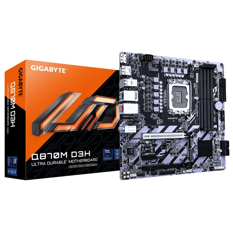 GIGABYTE Q870M D3H Motherboard - Intel Core Ultra (Series 2) CPUs, 4+1+2 Phases VRM, up to 9066MHz DDR5 (O.C), 2xPCIe 4.0 M.2, 1GbE LAN, USB 3.2 Gen 2 - Image 1