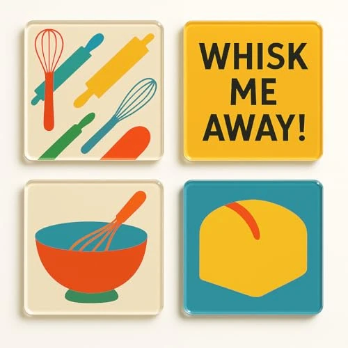 Acrylic Coaster Gift Set of 4 with Bauhaus Baking Designs - Colourful Kitchen Decor for Baking Lovers