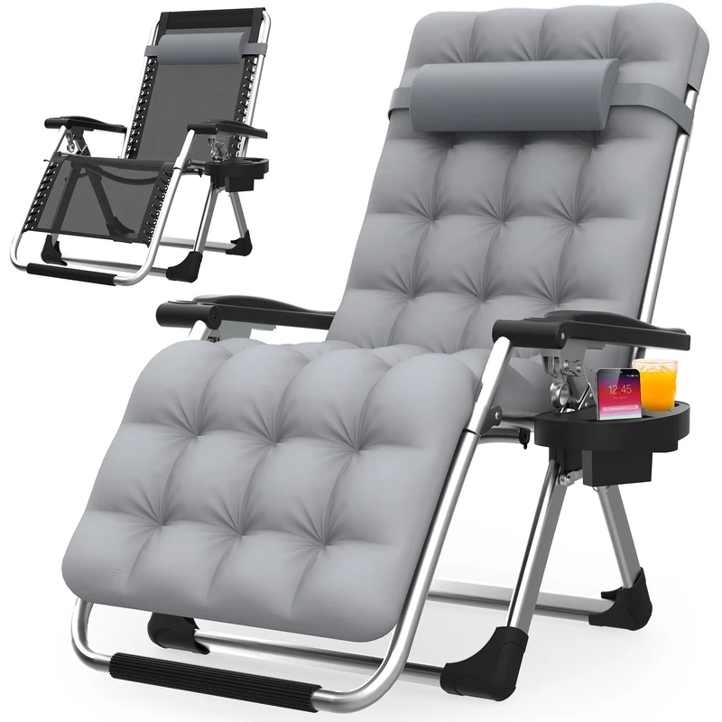 Suteck Zero Gravity Chair, Reclining Camping Lounge Chair w/Removable Cushion, Upgraded Lock and Cup Holder, Reclining Patio Chairs Folding Recliner for Indoor and Outdoor