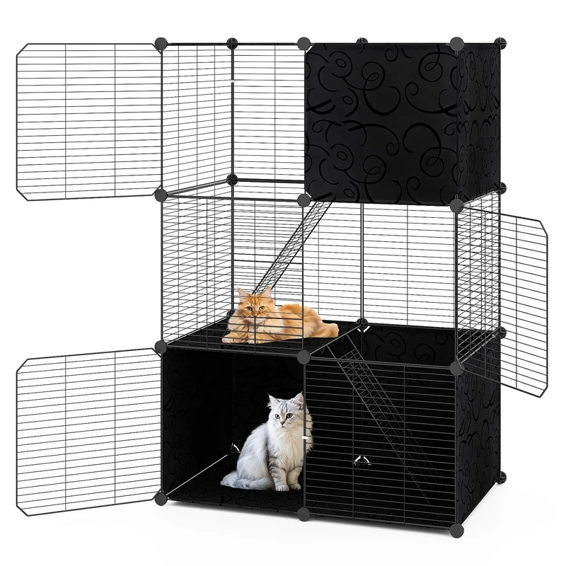 FANTASK Indoor Cat Cage, 3-Tier DIY Cat Enclosure & Removable Catio Play Area, Metal Wire Cage for Cats Small Animals, 74 x 47 x 110 cm, Black