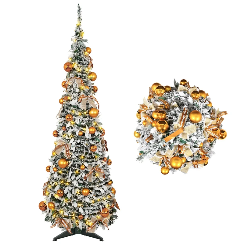 AGM 6FT Pop-Up Flocked Christmas Tree, Pre-Lit with 200 Warm White LED Lights, Easy to Set Up, Collapsible, Artificial Tree for Indoor Holiday Parties