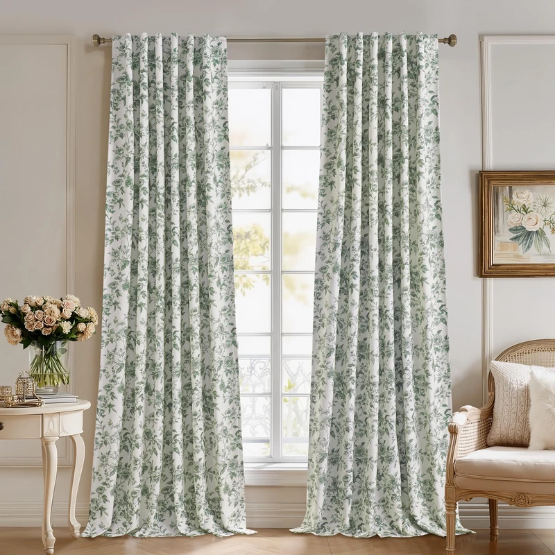 StangH 100% Blackout Curtains Floral Printed Pattern Thermal Insulated Privacy Drapes French Farmhouse Style for Living Room/Bedroom/Sliding Door，W52 x L84，Sage Green，2 Panels