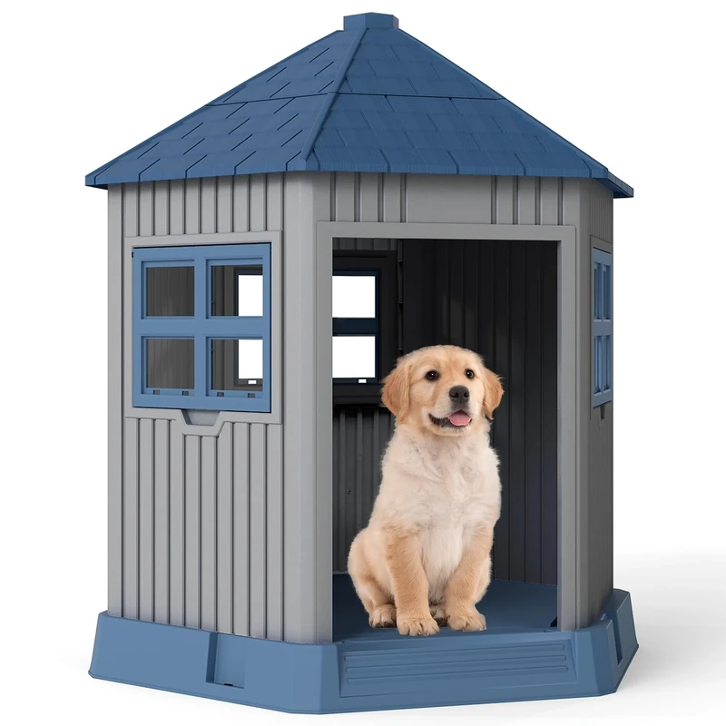 FANTASK Outdoor Dog Kennel, Winterproof Dog House with Large Door & 2 Windows Made of PP, Barn-Shaped, Outdoor Dog House for Medium to Large Dogs & Cats, Grey