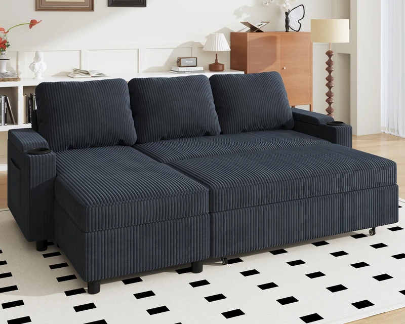 JUMMICO 3 Seater Corner Sofa Bed with Storage L-Shaped Pull Out Sleeper Sofa Convertible Sectional Couch for Living Room and Bedroom,Corduroy Navy