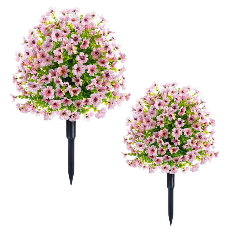 GarveeHome Set of 2 Artificial Boxwood Balls with Ground Spike, 60 x 40 cm Plastic Artificial Plant with Flowers, UV-Resistant Garden Decoration Shrubs, Artificial Plants for Porch, Indoor, Outdoor