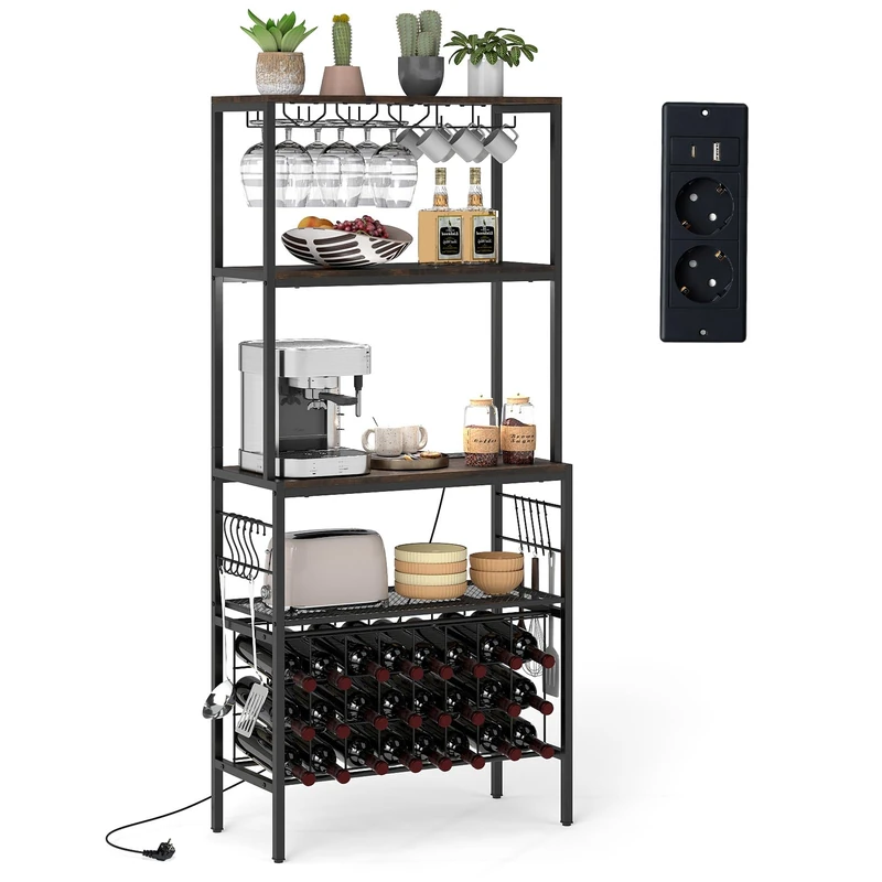 FANTASK Metal Kitchen Shelf with Socket, Standing Shelf with 3 Shelves & 8 Hooks & Glass Holder, Wine Rack for 24 Bottles, Microwave Rack for Kitchen, Living Room, Bar (Black) - Image 1