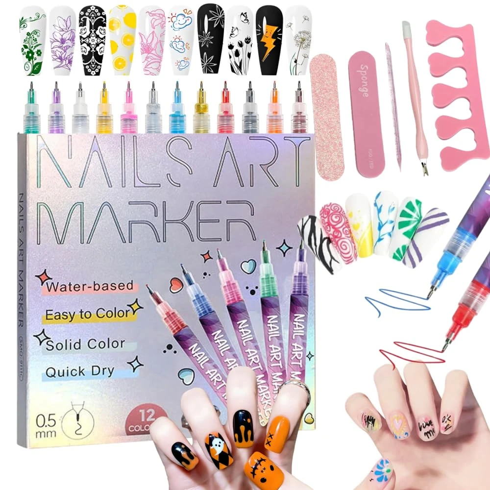 12 Colors Nail Art Pens Set，DIY Quick Dry Graffiti Dotting Point Liner Pens, 3D Nail Polish Pens for Painting, Nail Art Markers For Gel Nails，Nails Art Drawing Tool (1 Set)