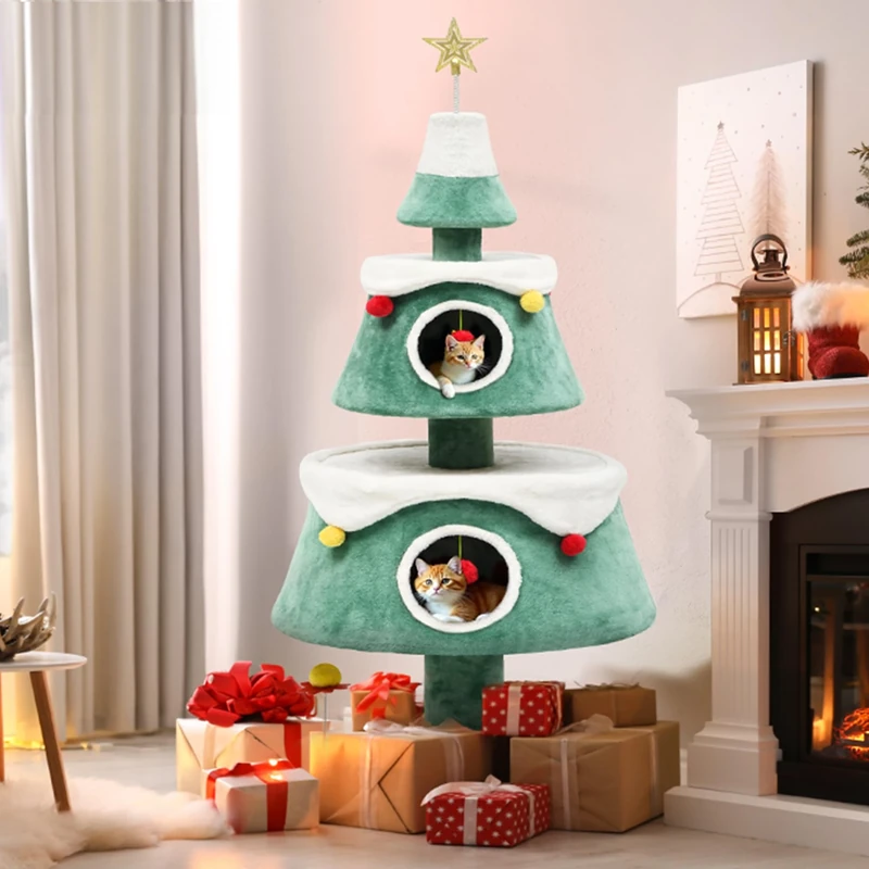 YITAHOME Christmas Cat Houses for Indoor Cats, Christmas Cat Tree Tower with 2 Cozy Houses, Kitty Furniture with Teaser Plaything for Christmas Decoration