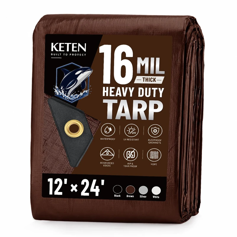 Keten Tarps Heavy Duty Waterproof 12X24 Feet, Extra Thick 16 Mil, Tear & Fade Resistant, UV Blocking, Outdoor Tarp with Reinforced Grommets for Roof, Camping, Patio, Pool, Boat (Brown/Silver)