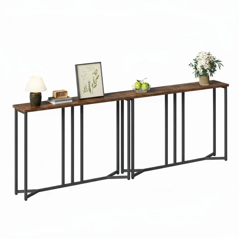 YITAHOME Set of 2 Console Table, 100cm Slim Console Table for Hallway, Metal Frame, Compact Display Table, Sofa Table for Small Spaces, Entryway, Living Room, Sturdy, Rustic Brown and Black