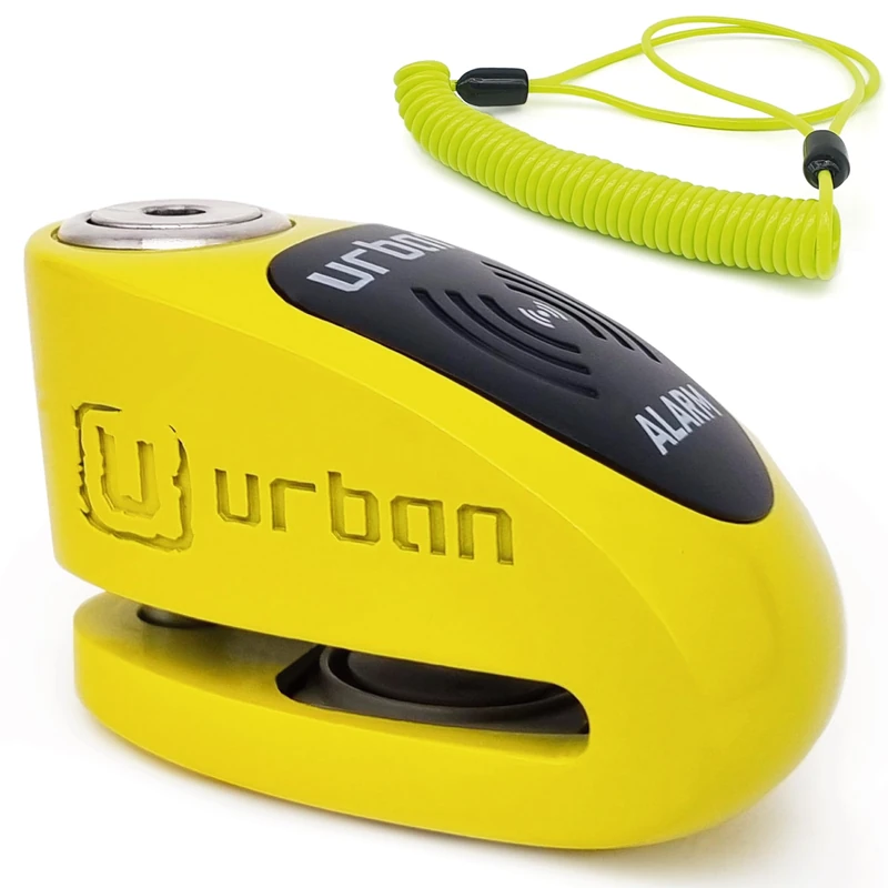URBAN UR910Y Motorcycle Lock with/Without Alarm 120 dB, Yellow+Black Painted Stainless Steel +Deterrent, SRA & Sold Secure Gold Approved, Double Lock Ø10 mm, CR2 Battery, Wheel Disc Brake Lock