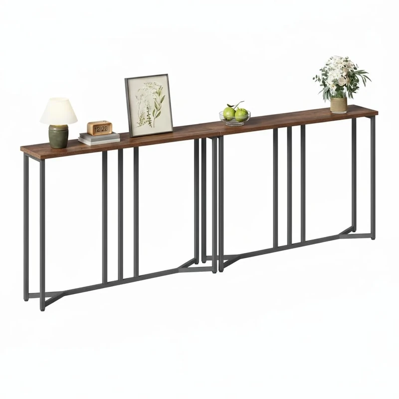 YITAHOME Set of 2 Console Table, 80cm Slim Console Table for Hallway, Metal Frame, Compact Display Table, Sofa Table for Small Spaces, Entryway, Living Room, Sturdy, Natural Wood Color and White