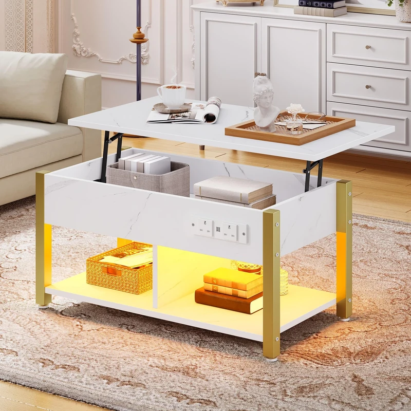 YITAHOME Lift Top Coffee Table, Coffee Tables with Adjustable Height and Hidden Storage, Coffee Table with 2-Tier Storage, Power Outlets and Multi-Color LED Lighting for Living Room, White Marble