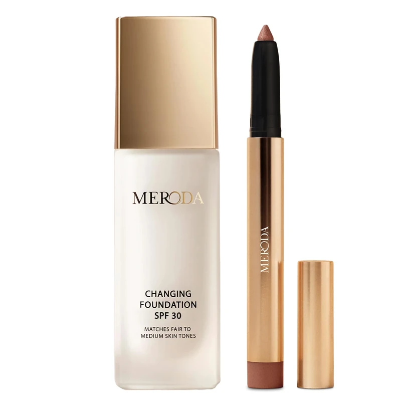 MERODA Changing Foundation SPF 30 & Eye Perfecting Shimmering Stick [Mauve, 1.3g] Bundle - Foundation Colour Changing - Colour-Changing Foundation for Mature Skin - Make Up Skin Tone Adaptable