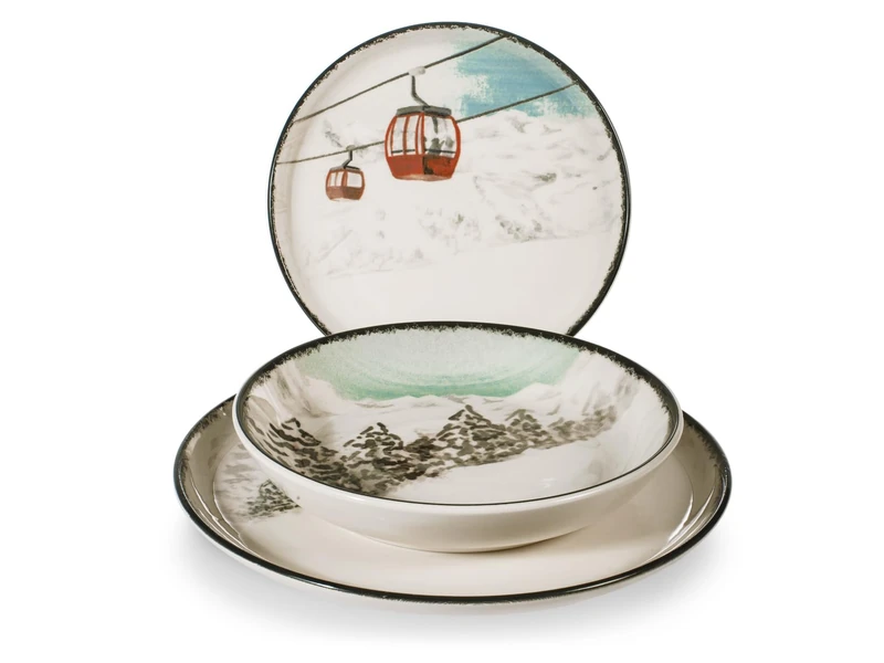 H&H, Winter Escape 12-Piece Stoneware Dinner Set, 4 Places, Plates for Mountain Houses, Christmas, Dishwasher and Microwave Safe