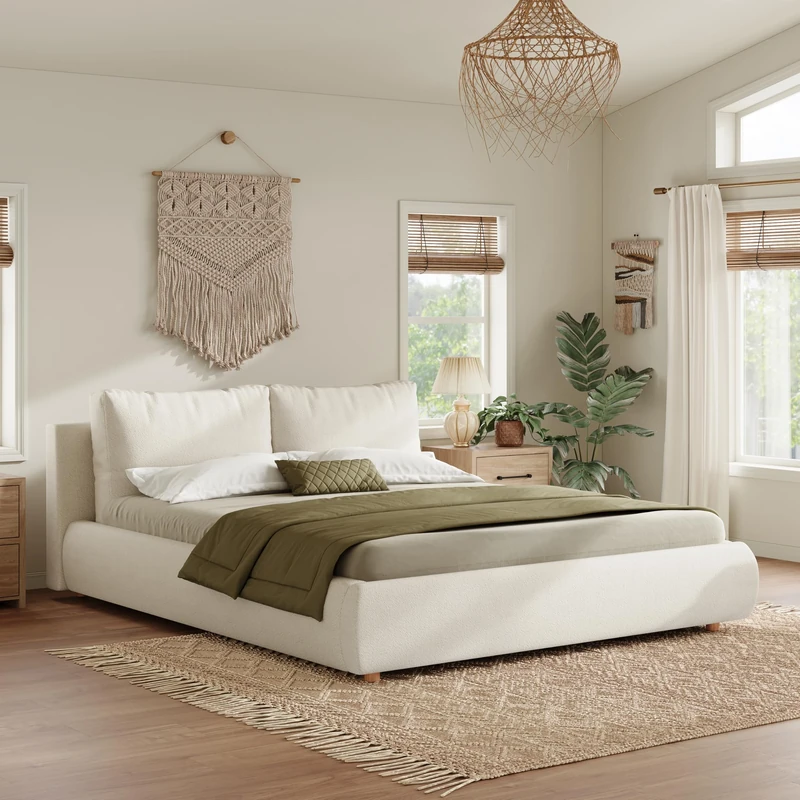 Ball & Cast Double Ottoman Bed Frame with Storage, 4 Ft 6 Bed Frame Storage Lift Upholstered Fabric Headboard Bedroom Furniture No Box Spring Needed, Easy Assembly for Bedroom，White