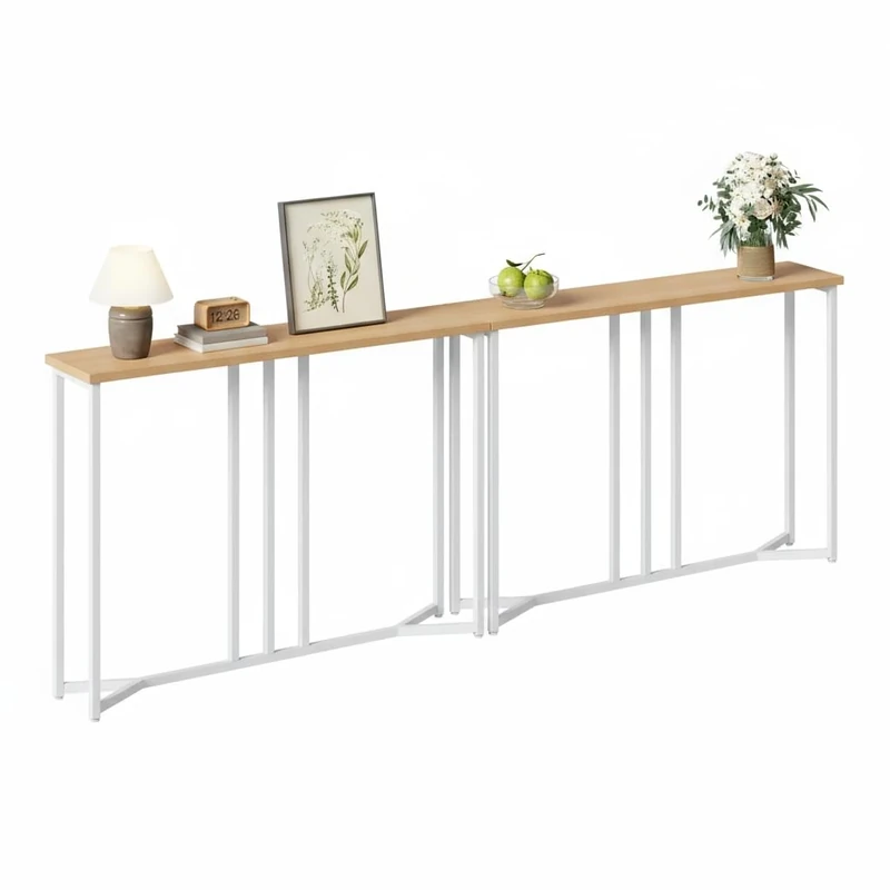 YITAHOME Set of 2 Console Table, 100cm Slim Console Table for Hallway, Metal Frame, Compact Display Table, Sofa Table for Small Spaces, Entryway, Living Room, Sturdy, Natural Wood Color and White