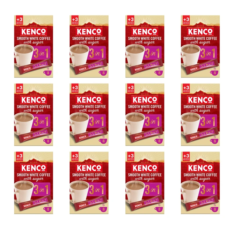 Kenco 3 in 1 Smooth White Instant Coffee with Sugar Sachets x8 (Pack of 12, Total 96 Sachets)