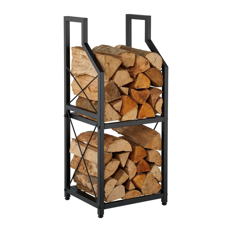 Relaxdays Firewood Holder, 2 Tiers, Metal, HxWxD: 81.5 x 34.5 x 30.5 cm, Indoor Storage, Firewood Shelf, Black