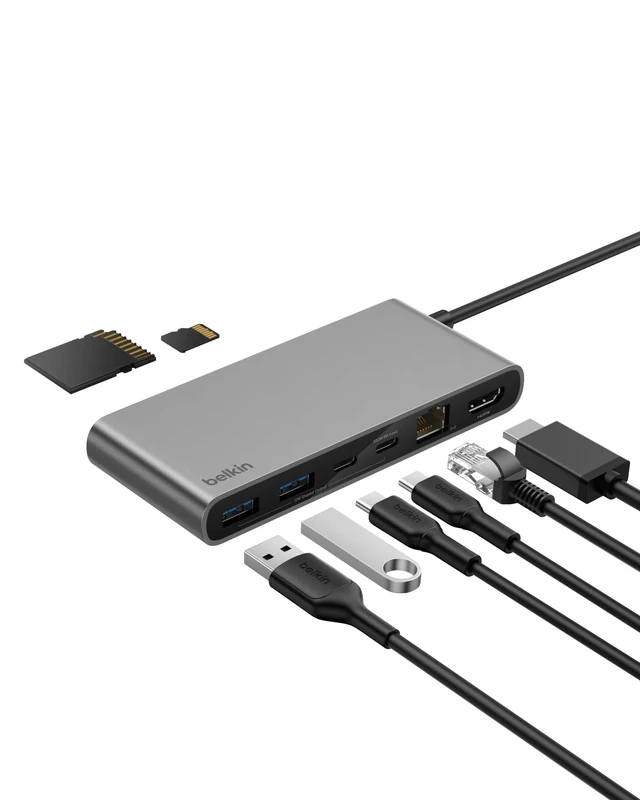 Belkin Connect 8-Port USB C Hub, Supports Display w/Resolutions up to 4K@60Hz - Works with Mac, Windows, and Chromebook - 100W PD w/ 10Gbps Data Transfer Speeds & 2.5Gbps Ethernet - Grey