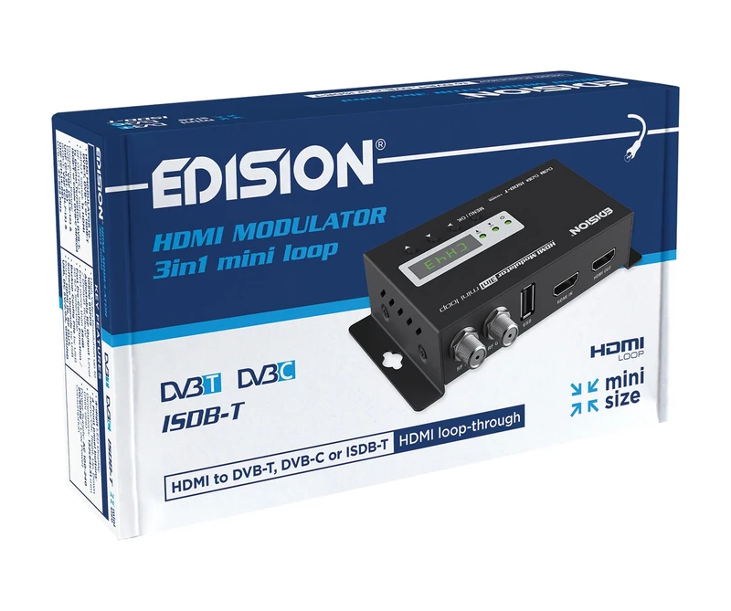 EDISION HDMI Modulator 3in1 mini loop, HDMI Modulator to Terrestrial DVB-T, ISDB-T or Cable DVB-C, Full HD Distribution via Coaxial, hdmi-out, RF-in, Mini-Size, LED Display, Plug & Play