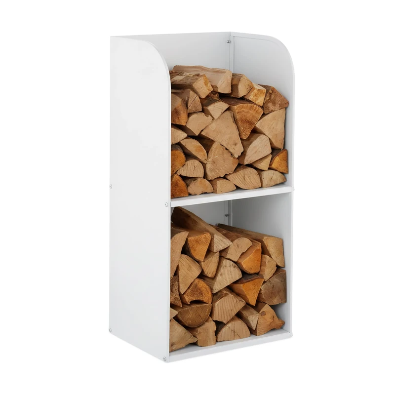 Relaxdays firewood holder, HxWxD: 80x40x30 cm, 2 compartments, wood storage for logs, stacked wood, iron, white