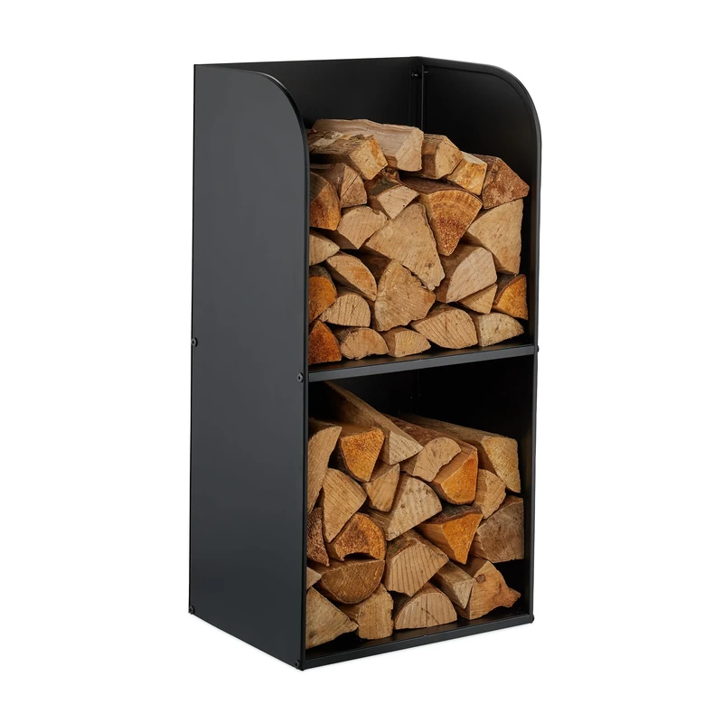 Relaxdays Firewood Stand, HWD 80x40x30 cm, 2 Compartments, Firewood Holder for Logs, Stacked Wood, Iron, Black