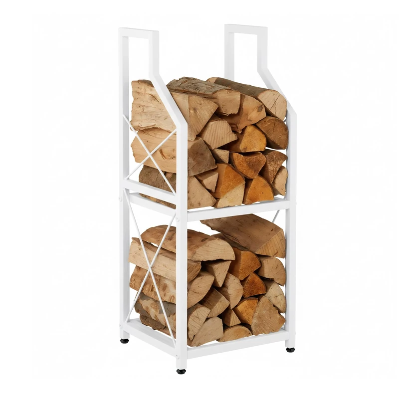 Relaxdays Log Storage Rack, 2 Tiers, Metal, HxWxD: 81.5 x 34.5 x 30.5 cm, Indoor Firewood Holder, White, 100% Iron