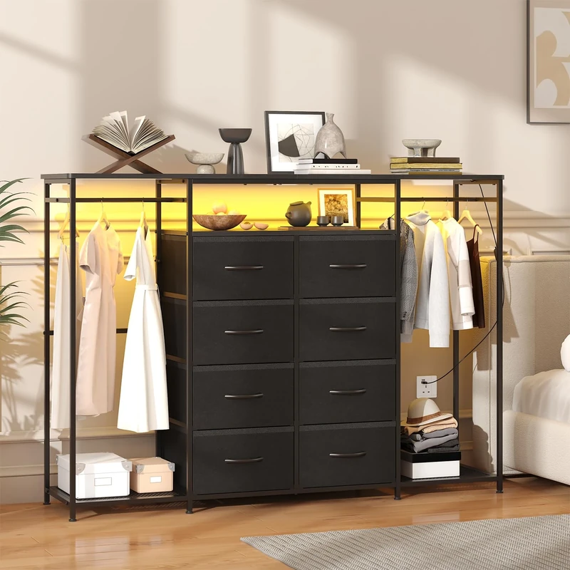 Feonase 8-Drawer Dresser for Bedroom with Hanging Rack, LED Lights, Fabric Drawers, Metal Frame & Wooden Top, Heavy Duty Cloth Rack Closet Wardrobe with Drawers 150cm W x110cm H, Black