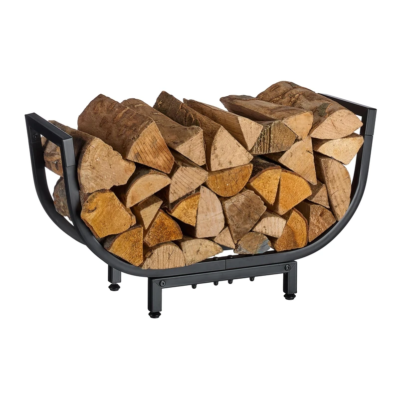 Relaxdays firewood rack, metal, HxWxD: 35 x 65 x 21 cm, indoor firewood holder, curved basket, black