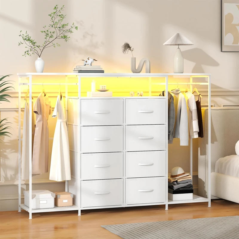 Feonase 8-Drawer Dresser for Bedroom with Hanging Rack, LED Lights, Fabric Drawers, Metal Frame & Wooden Top, Heavy Duty Cloth Rack Closet Wardrobe with Drawers 150cm W x110cm H, White