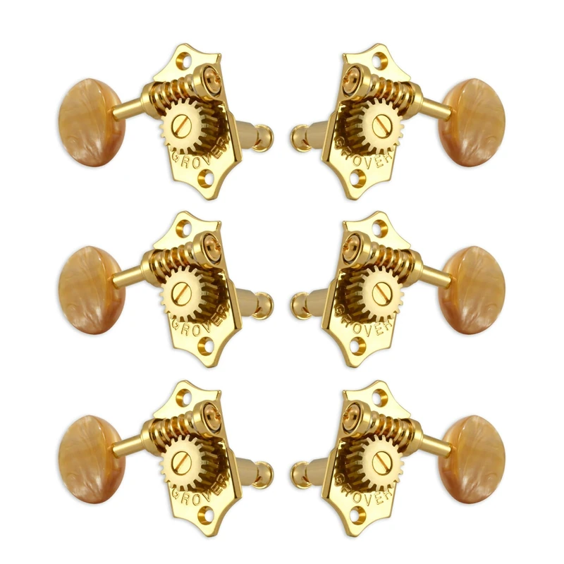 Grover V97-18GAA Original Sta-Tite Machine Head with Acrylic Amber Button and 18:1 Gear Ratio, Vertical - Guitar Machine Heads, 3 + 3 - Gold - Image 1