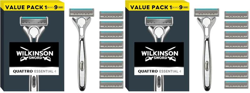 Wilkinson Sword Quattro Titanium Men's Razor for Sensitive Comfort, Great Addition to Wash Bags for Men's Grooming, Shavers for Sensitive Skin, 1 Reusable Razor Handle and 9 Refill Blades Pack