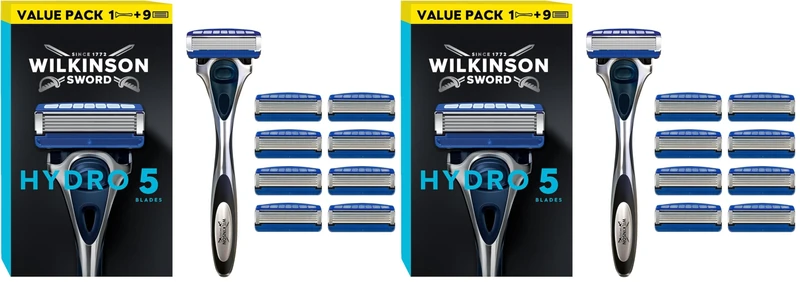 Wilkinson Sword Hydro 5 Men’s Razor, Great Addition to Wash Bags for Men's Grooming, Great Shavers for Routine Shaving, 1 Reusable Handle plus 9 Blades Refills Pack (Pack of 2)