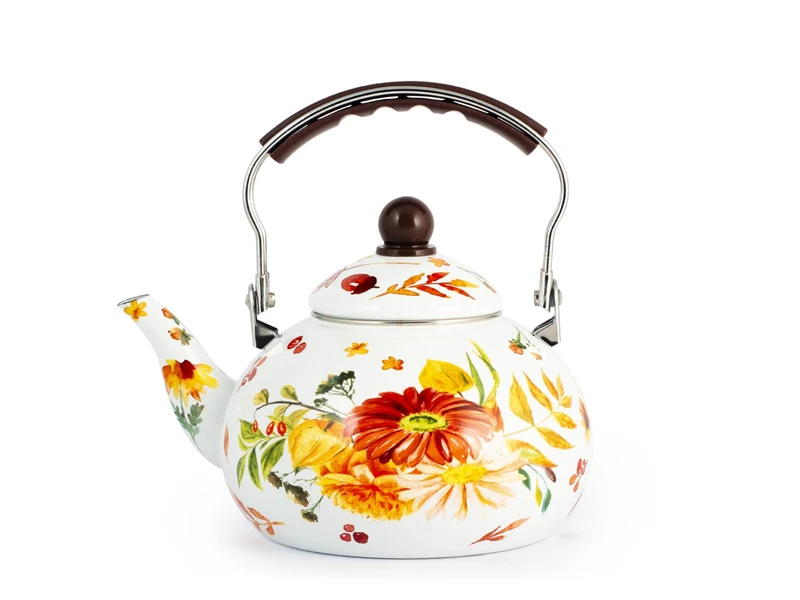 H&H, Fall Blossom Enamel Decorated Kettle - 2.5 Litre Capacity, Autumn Inspired Botanical Colours and Decorations, Suitable for All Hobs Including Induction - Image 1