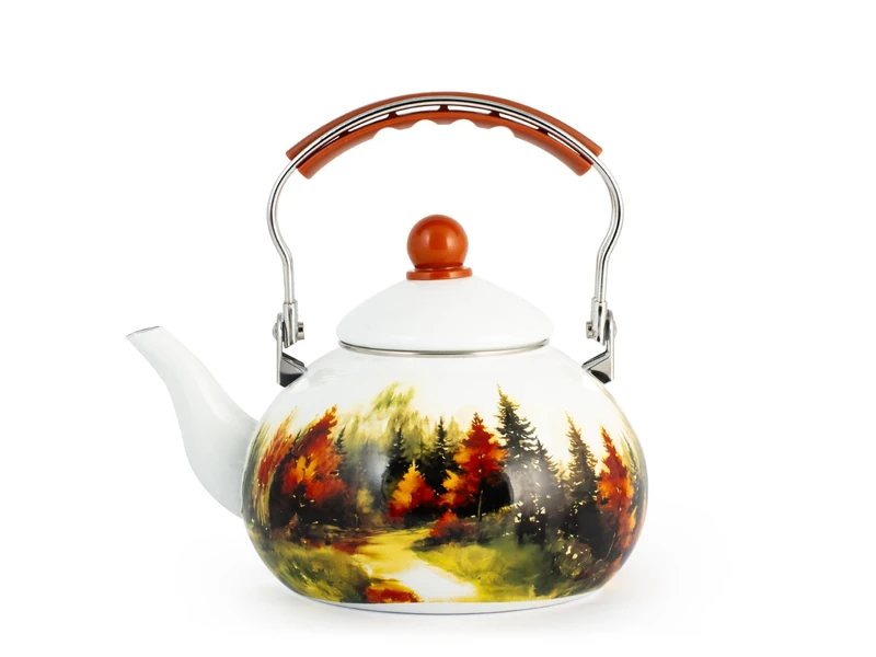 H&H, Woods Enamel Decorated Kettle - 2.5 Litre Capacity, Autumn Woods Design, Suitable for All Hobs Including Induction