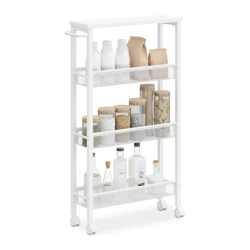 Relaxdays narrow trolley, HxWxD: 77 x 13 x 45.5 cm, slim shelf for bathroom & kitchen, 4 tiers, rolling cart, white