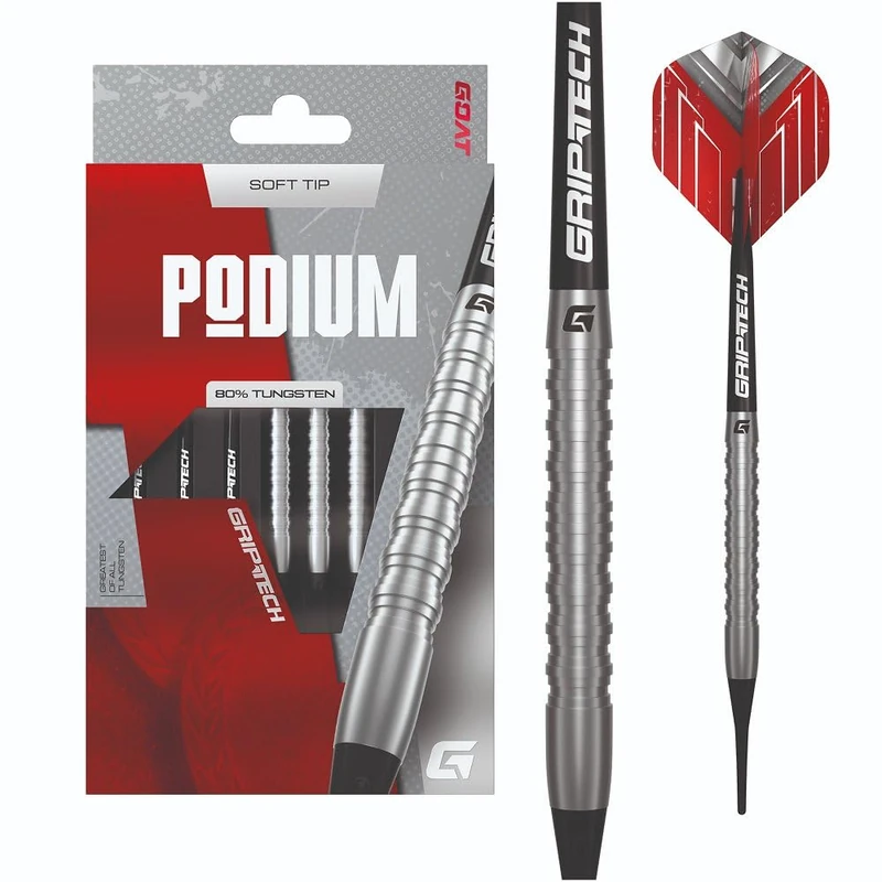 GOAT – Podium Silver 80% Tungsten Soft Tip Darts, Silver & Red, Professional Softtip Dart Set, 3 Darts, With Extra Flights and Shafts