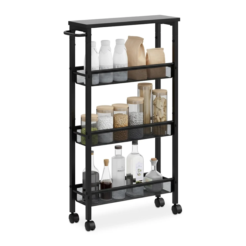 Relaxdays narrow trolley, HxWxD: 77 x 13 x 45.5 cm, slim shelf for bathroom & kitchen, 4 tiers, metal cart, black