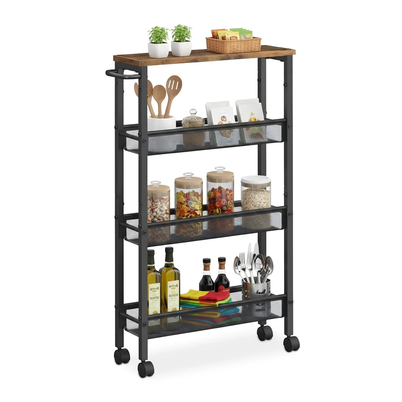 Relaxdays narrow trolley, HxWxD: 77 x 13 x 45.5 cm, slim niche shelf for bathroom & kitchen, 4 tiers, metal, brown/black