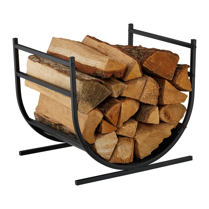 Relaxdays U-shaped log rack, metal, HWD: 40x46x38 cm, firewood holder for logs, stacked wood, black