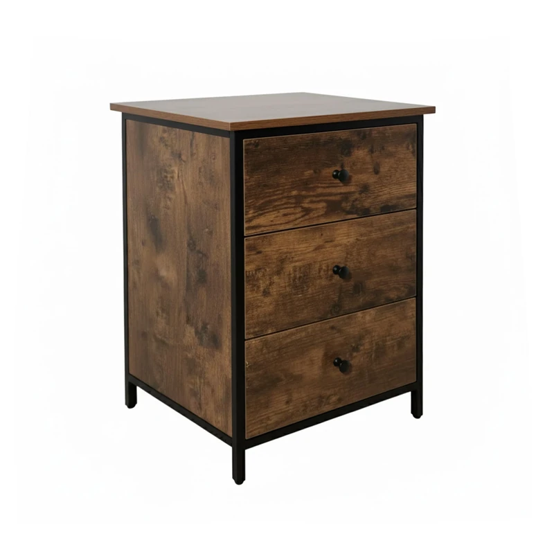 Relaxdays nightstand, 3 drawers, HxWxD: 60 x 40 x 40 cm, bedroom night cabinet, metal & MDF, brown/black