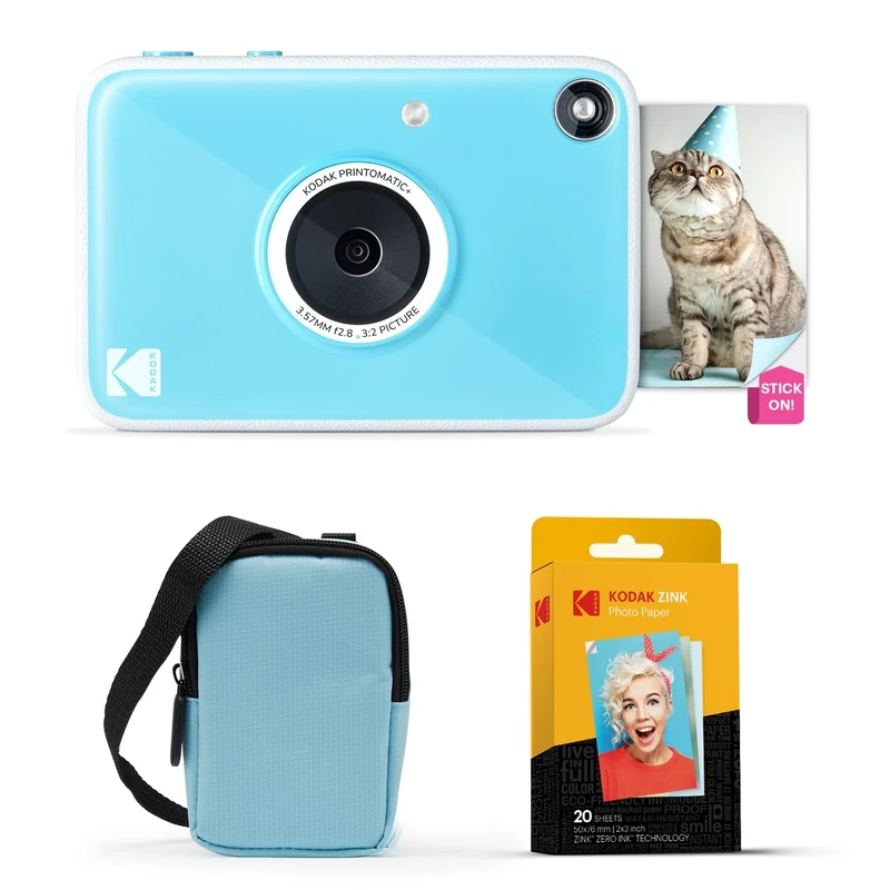 KODAK Printomatic+ Instant Print Digital Camera Starter Bundle + Carrying Case (Blue) + Zink 20pk Sticky-Back Photo Paper - 10MP, Full-Color Photos, GB LED Status Indicator - Blue