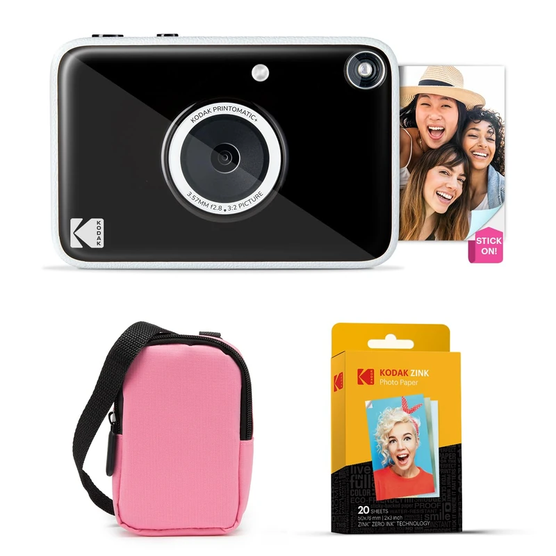 KODAK Printomatic+ Instant Print Digital Camera Starter Bundle + Carrying Case (Pink) + Zink 20pk Sticky-Back Photo Paper - 10MP, Full-Color Photos, GB LED Status Indicator - Black