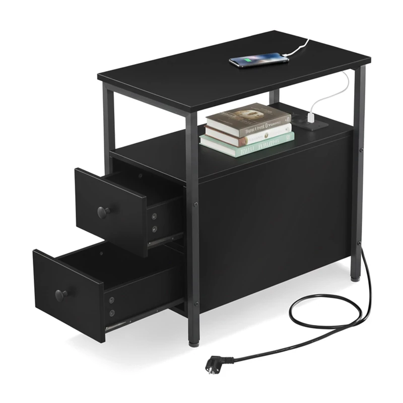 Relaxdays side table with sockets, USB ports, 2 drawers, HxWxD: 61 x 35 x 60 cm, square nightstand, black