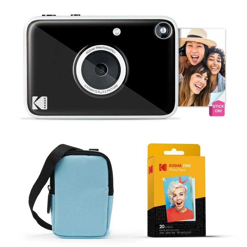 KODAK Printomatic+ Instant Print Digital Camera Starter Bundle + Carrying Case (Blue) + Zink 20pk Sticky-Back Photo Paper - 10MP, Full-Color Photos, GB LED Status Indicator - Black